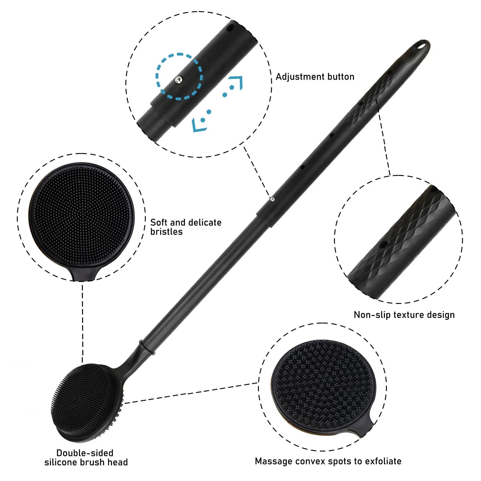 24 Inches Adjustable Bath Brush Long Handle for Shower，Dual-Sided Silicone Ba...