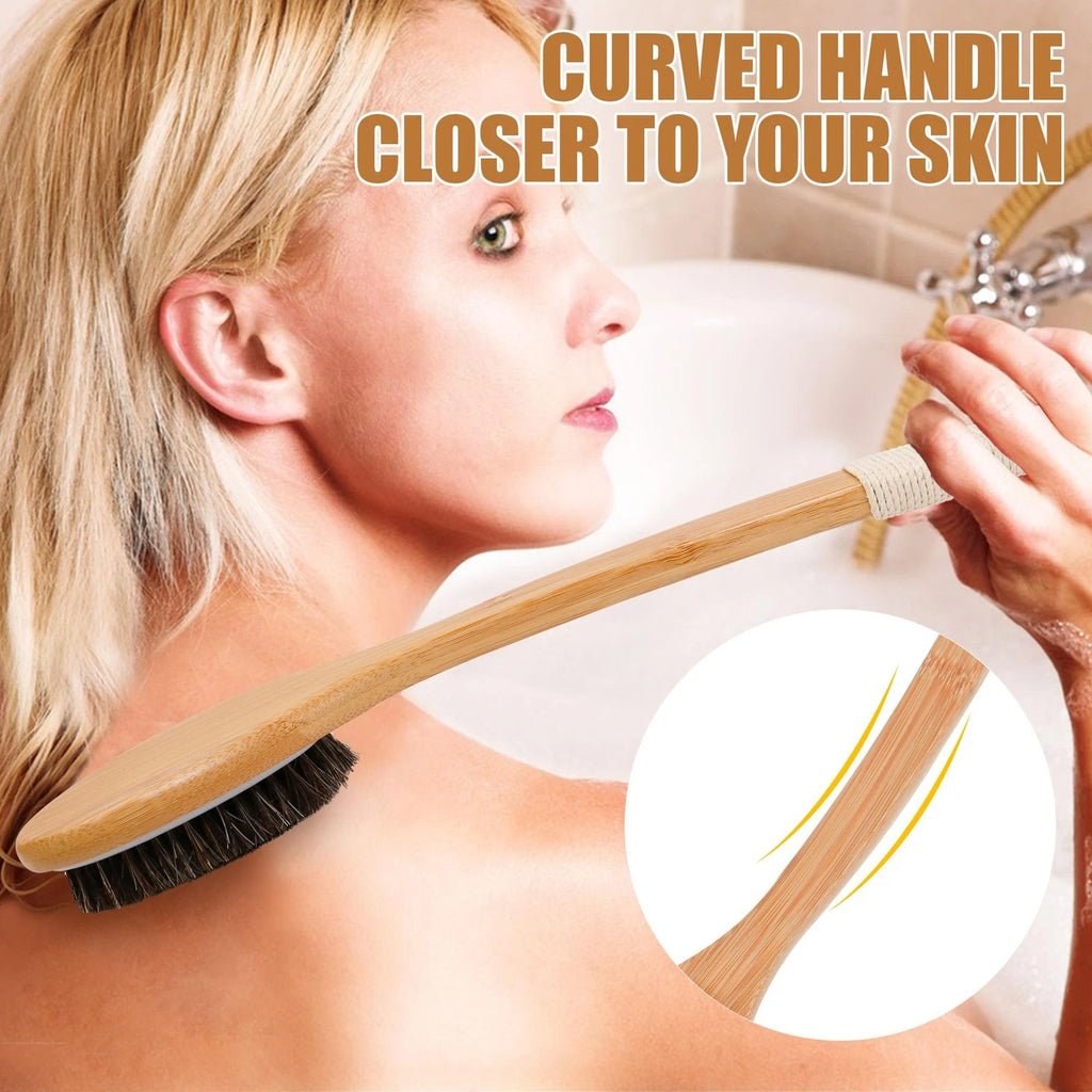 Horsehair Bath Brush Bamboo Curved Long Handle Antiskid Body Brush for Exfoli...