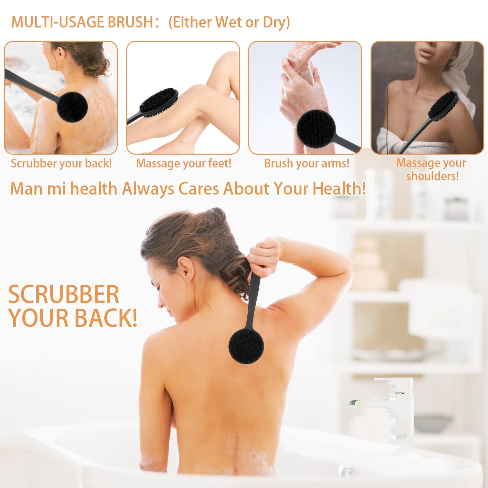 Silicone Back Scrubber for Shower Bath Body Brush Short Handle Exfoliating
