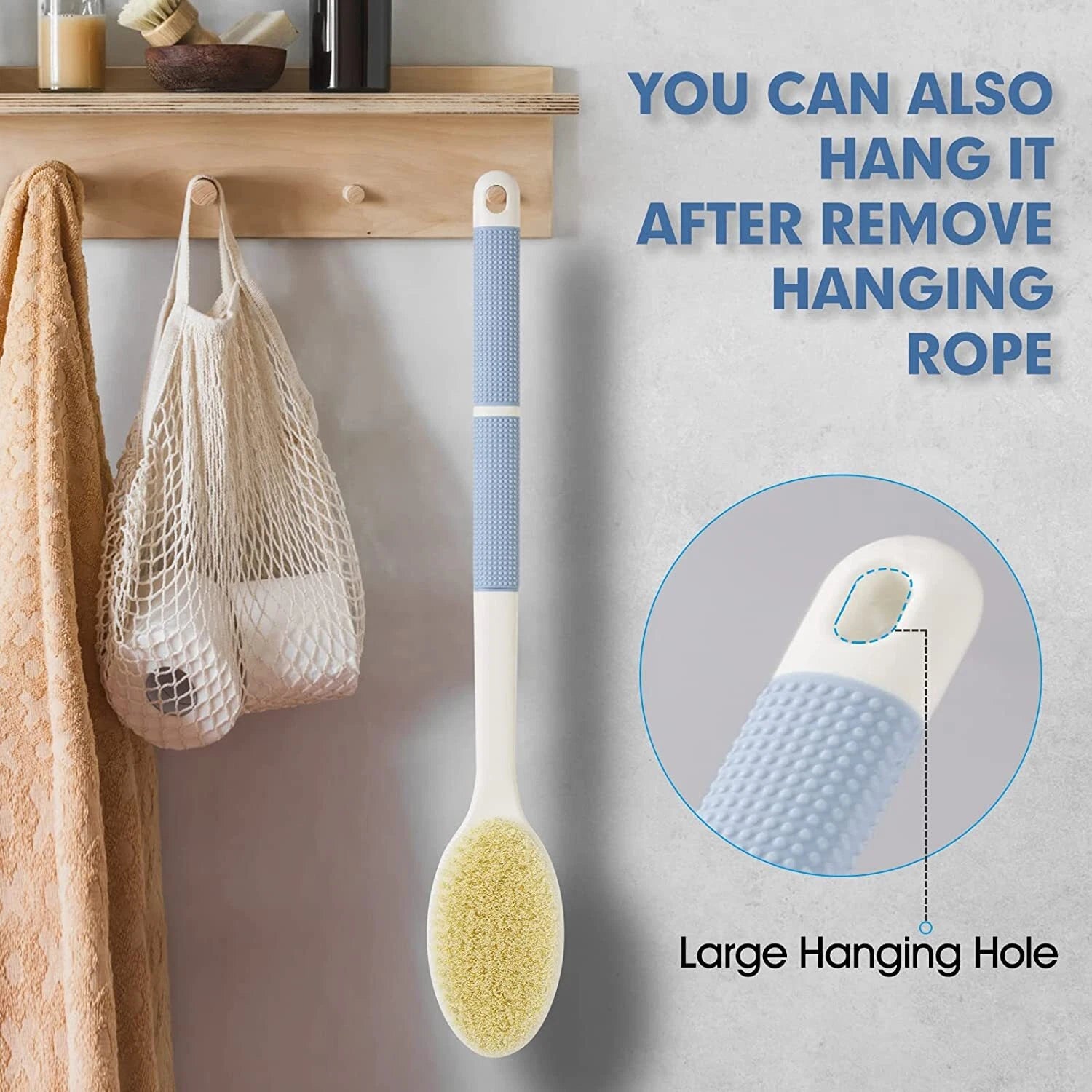 Back Scrubber anti Slip Long Handle for Shower Dual-Sided Stiff Soft Bristles