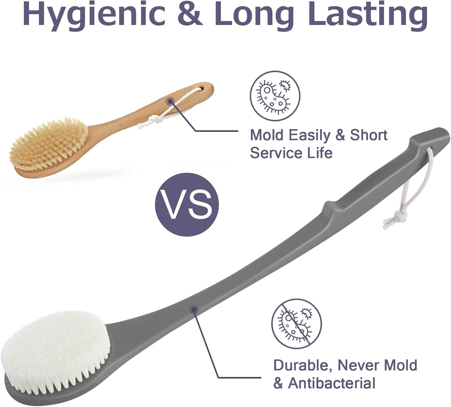 Body Back Scrubber – 17'' Long Handle Shower Brush, Durable Exfoliator