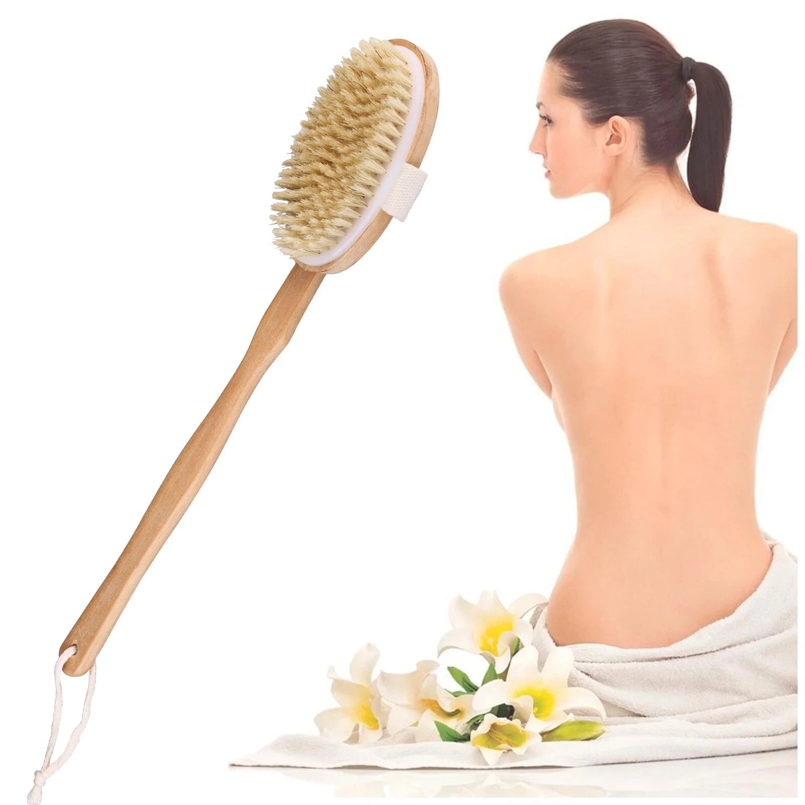 Natural Bristle Body Brush - Wooden Dry Skin Exfoliator & Shower Spa Scrubber US