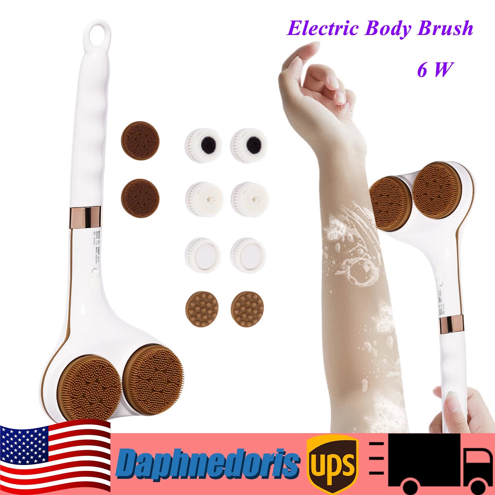 Electric Rechargeable Body Brush Back Scrubber Shower Brush Long Handle - 2 Head