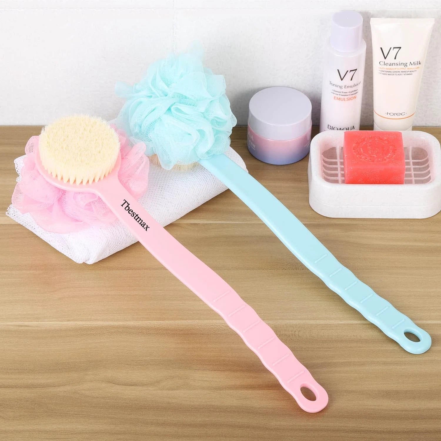 Loofah Back Scrubber Long Handle Shower Body Brush with Soft Mesh Sponge for Wom