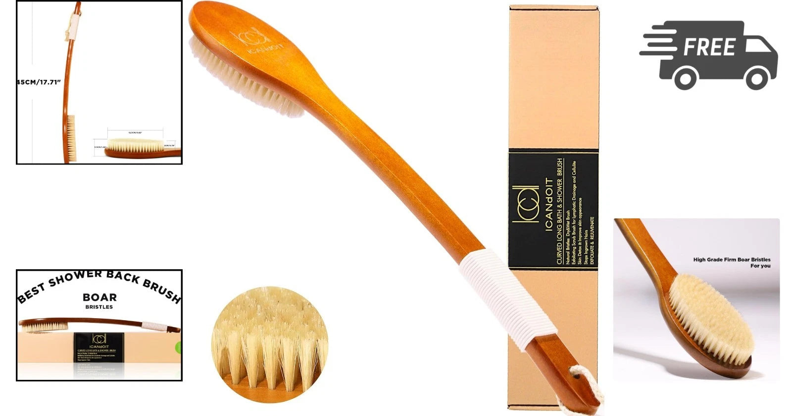 Bath Brush Exfoliating Long Handle Shower Scrubber Back Brush Boar Bristles