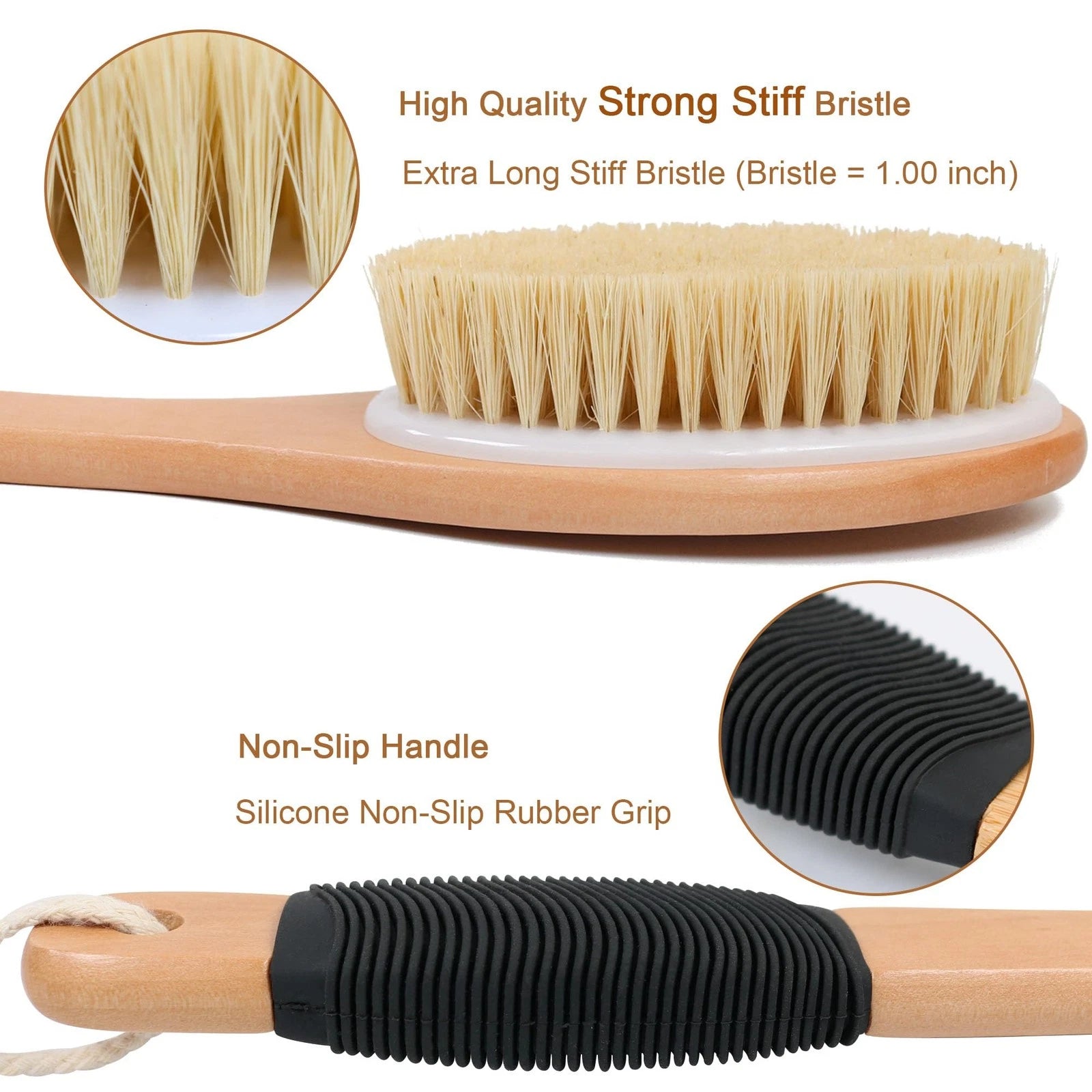 Back Scrubber Brush for Shower, Long Stiff Bristle Body Bath Brushes, Wooden ...