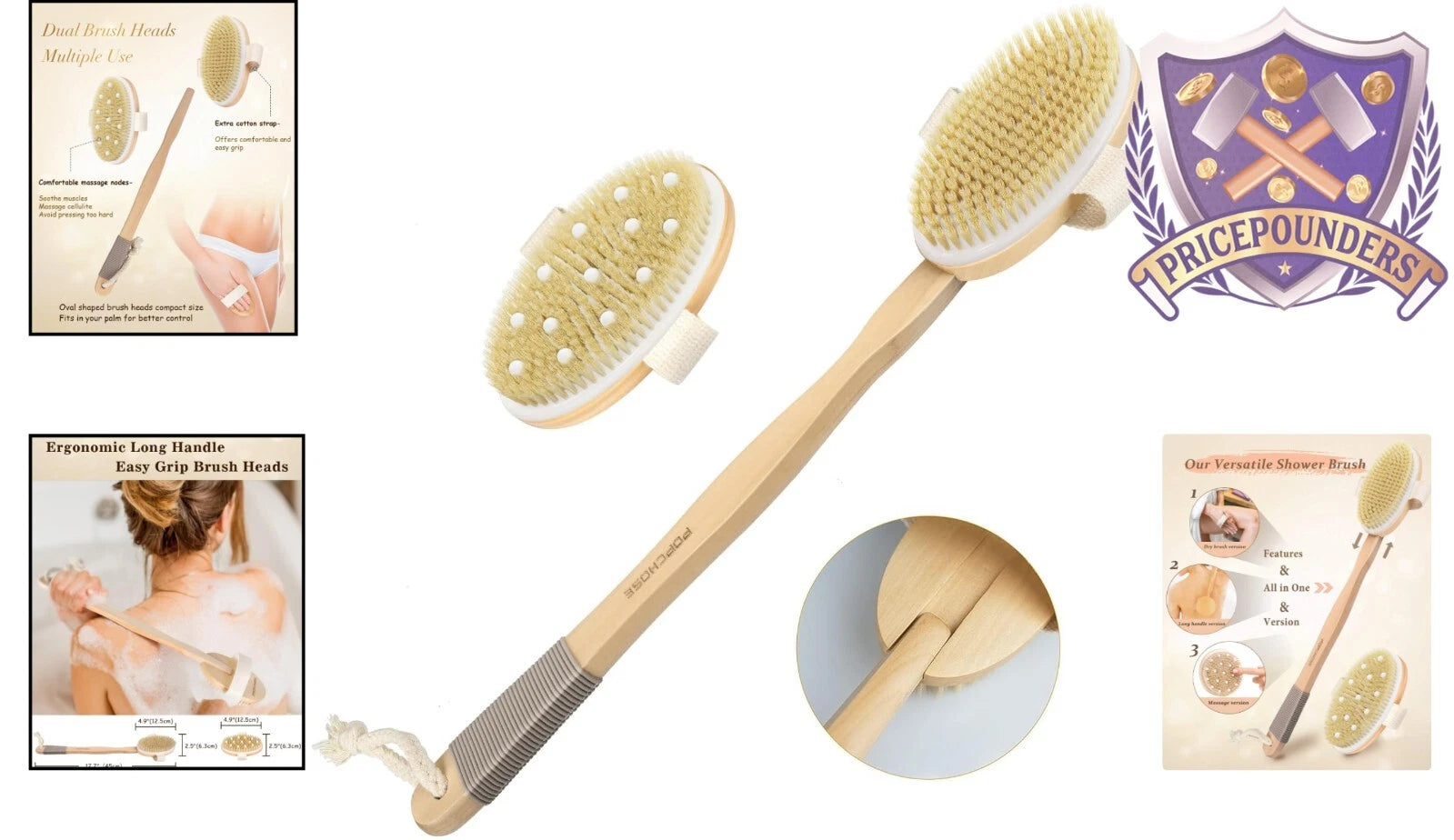 Dry Brushing Body Brush Bamboo 15 Inch Dual Heads Exfoliating Shower Tool
