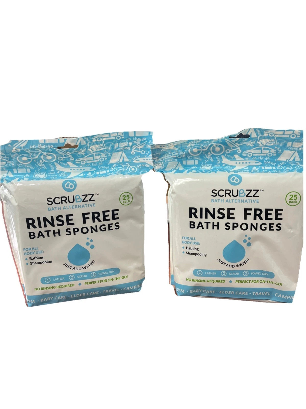 Scrubzz Rinse Free Bath Sponges 2x25-Pack (50 Sponges) For Bathing & Shampooing