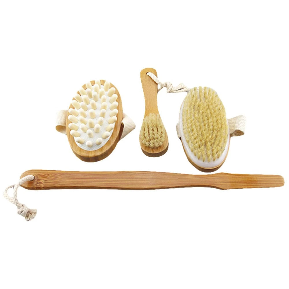 4pcs Shower Brush Set Bristle Back Bath Brush with Replacing Long Handle
