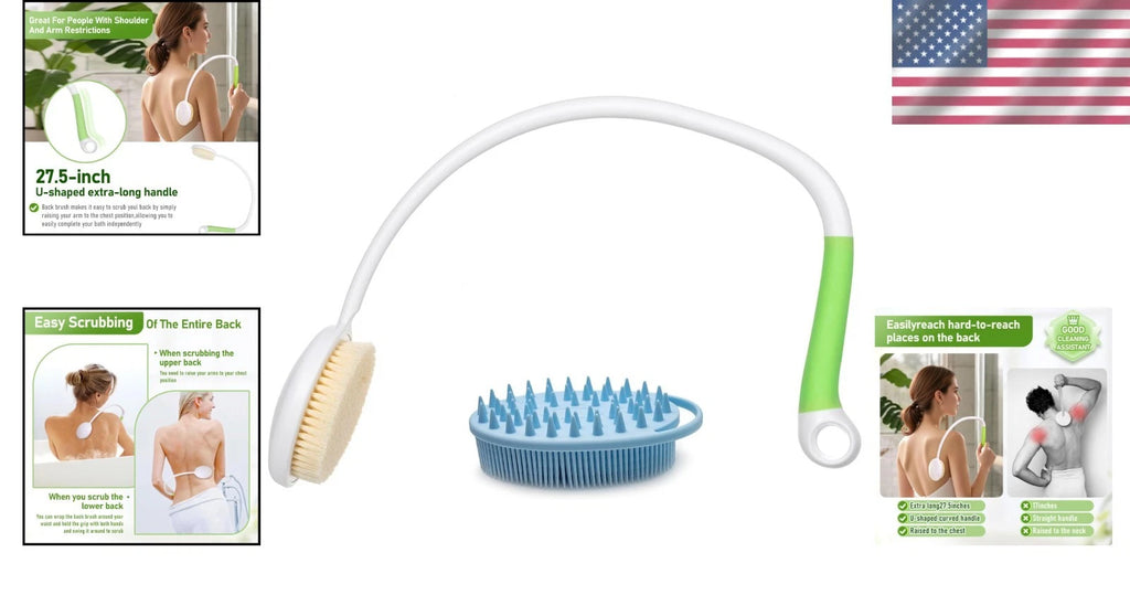Ergonomic U-Shaped Back Bath Brush with Dual-Sided Silicone Scrubber for Comfort