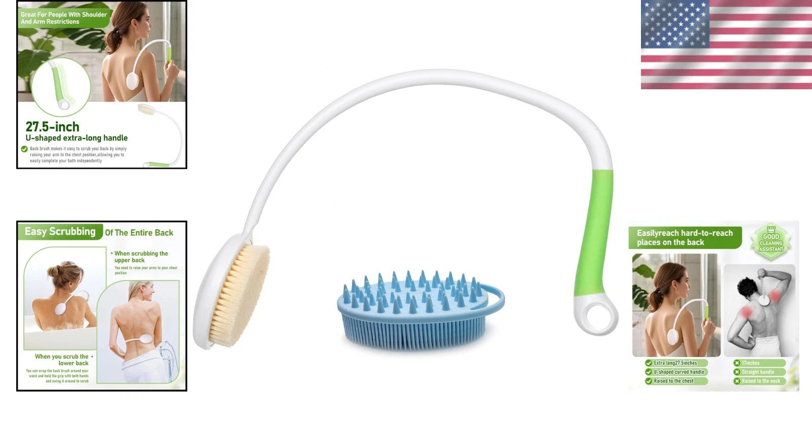 Ergonomic U-Shaped Back Bath Brush with Dual-Sided Silicone Scrubber for Comfort