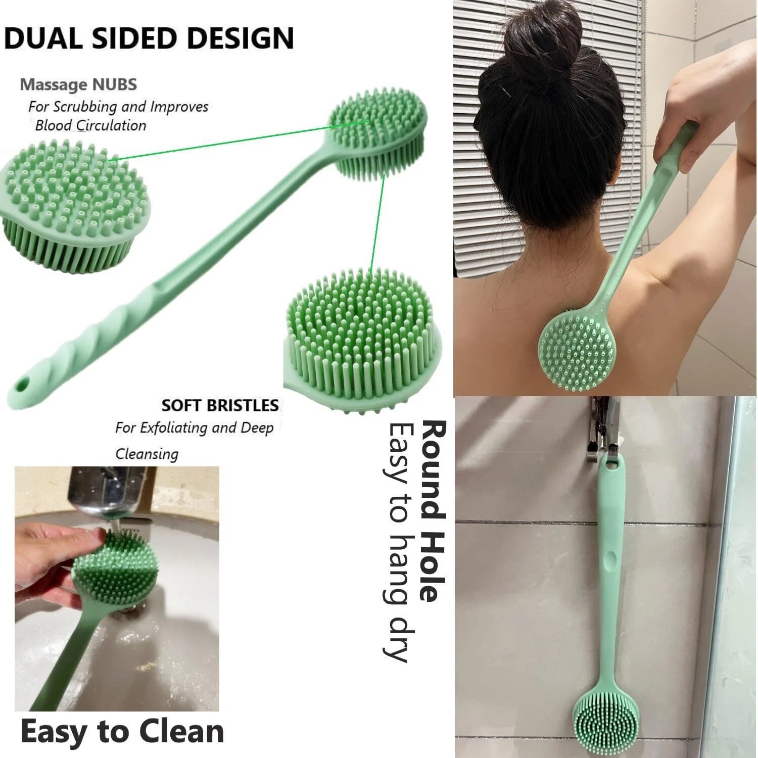 Silicone Body Scrubber - Long Handle Exfoliating Shower Brush for Men Women &...