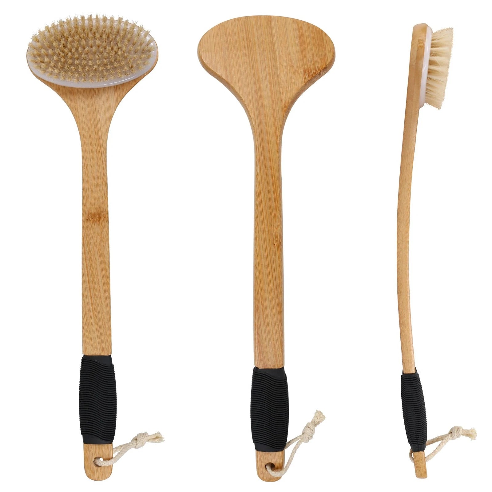 Back Scrub Brush Stiff Boar Bristles Bamboo Long Handle for Shower Use