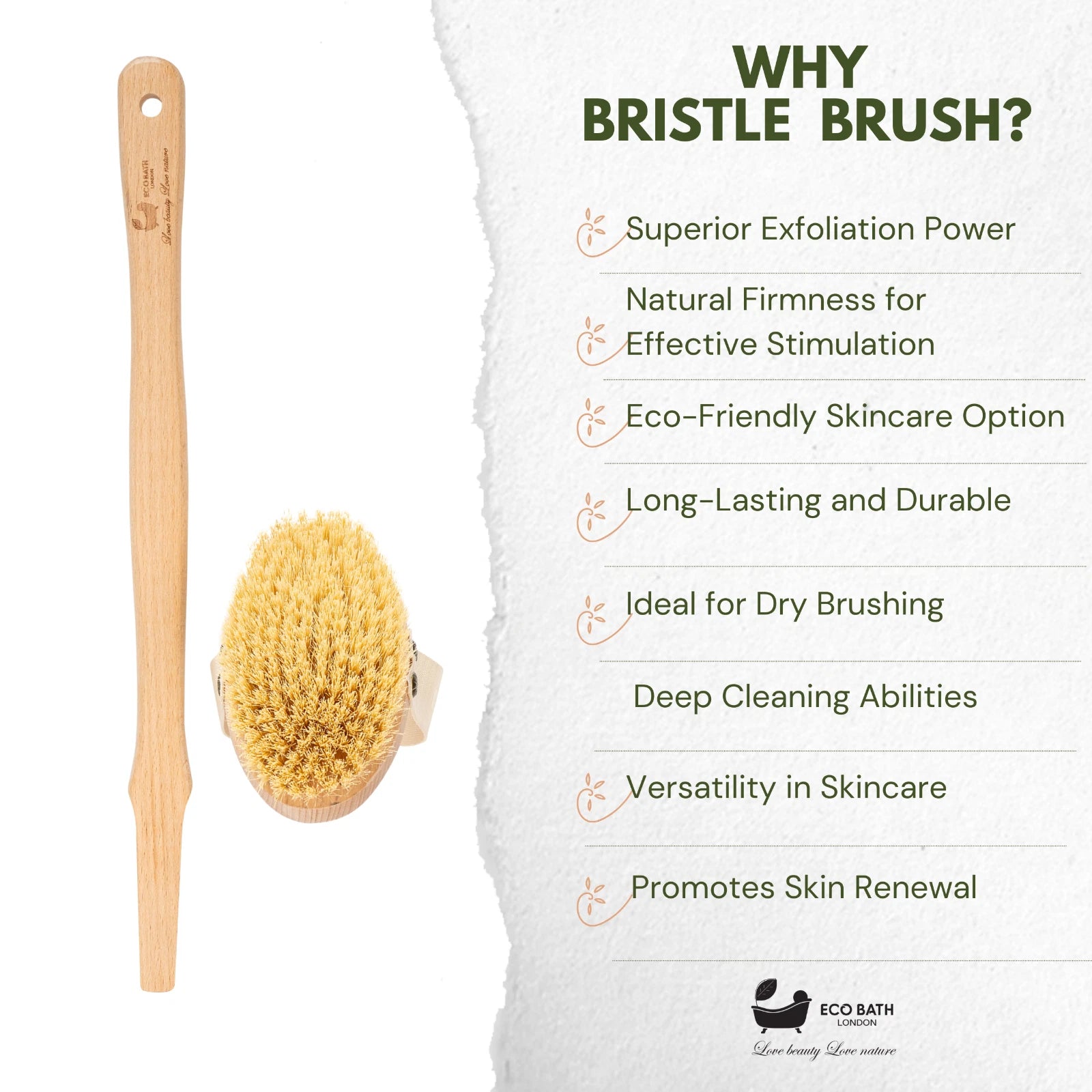 Eco Bath London Natural Soft Bristle Body Brush with Detachable Handle