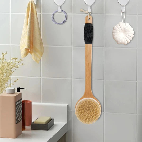 Round Head Back Scrub Brush for Body Shower, Wooden Long Handle Bristles Tub ...