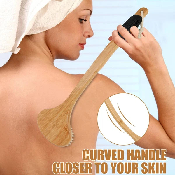 Back Scrub Brush Stiff Boar Bristles Bamboo Long Handle for Shower Use