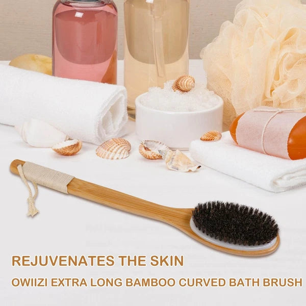 Horsehair Bath Brush Bamboo Curved Long Handle Antiskid Body Brush for Exfoli...