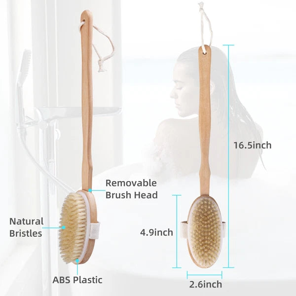 Natural Bristle Body Brush - Wooden Dry Skin Exfoliator & Shower Spa Scrubber US