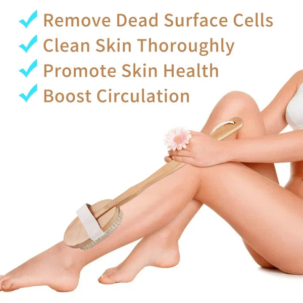 Natural Bristle Body Brush - Wooden Dry Skin Exfoliator & Shower Spa Scrubber US