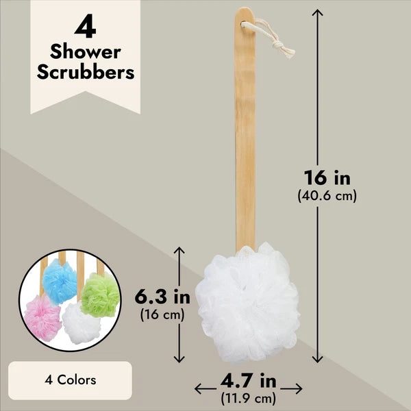 4 Pack Back Scrubber for Shower, Loofah on a Stick, 4 Assorted Colors, 16 in