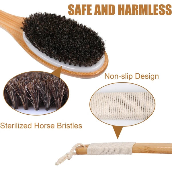 Horsehair Bath Brush Bamboo Curved Long Handle Antiskid Body Brush for Exfoli...