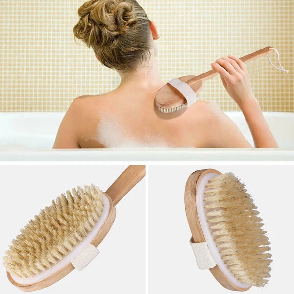 Natural Bristle Body Brush - Wooden Dry Skin Exfoliator & Shower Spa Scrubber US