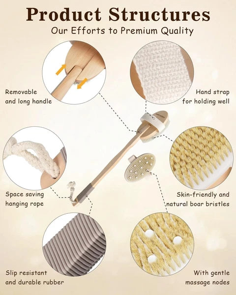 Dry Brushing Body Brush Bamboo 15 Inch Dual Heads Exfoliating Shower Tool