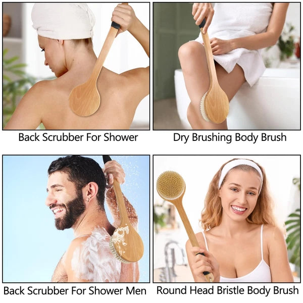 Round Head Back Scrub Brush for Body Shower, Wooden Long Handle Bristles Tub ...