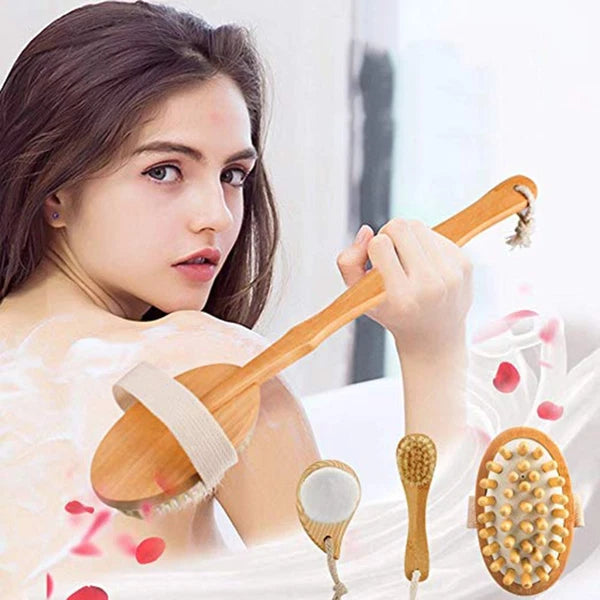 4pcs Shower Brush Set Bristle Back Bath Brush with Replacing Long Handle