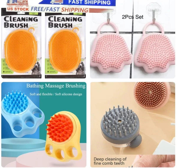 Silicon Bath Pet Body Brush Hair Shower Scrubber Gel Dispenser Soft Massager2PCS